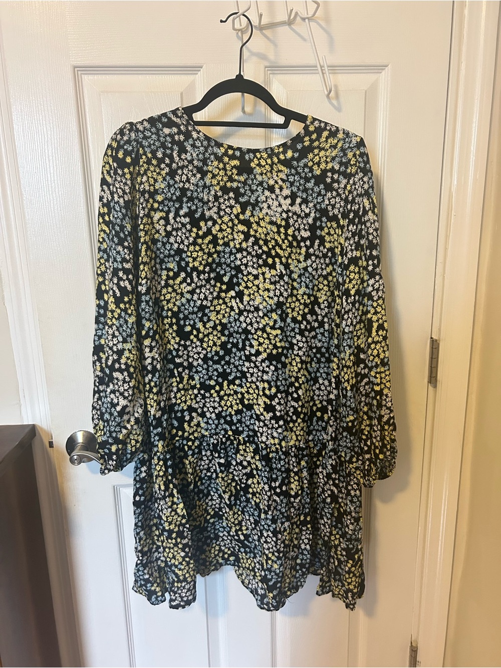 Black Floral Tiered Long-Sleeve Dress - Yellow, White, Blue Print